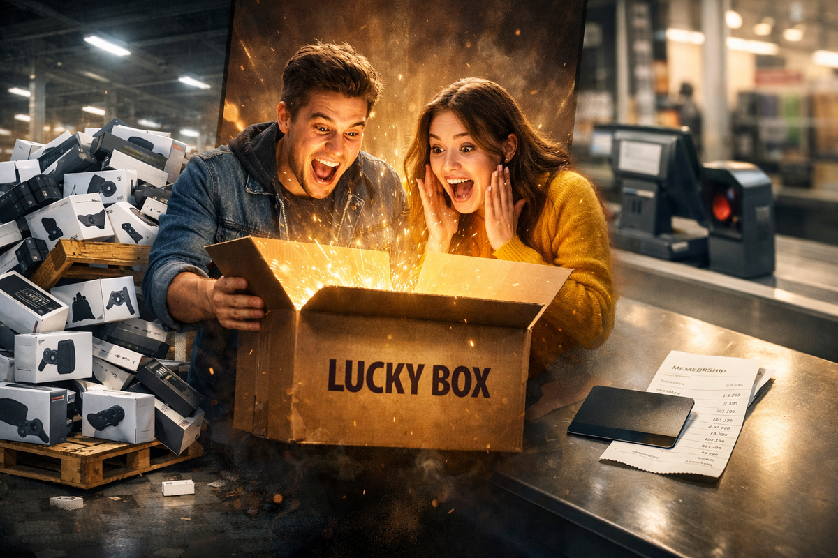 Switch2 lucky box unboxing at the counter—two shoppers screaming with shock as golden sparks erupt, jackpot joy, contagious FOMO, holiday rush