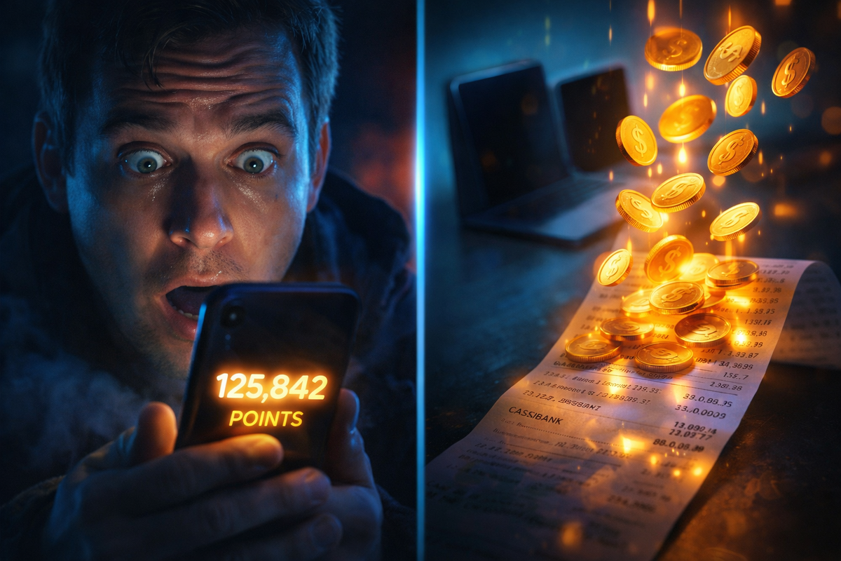 Wide-eyed shopper staring at a phone with a massive points total—cashback coins raining onto a receipt, late-night disbelief, greedy relief, “I almost overpaid” shock
