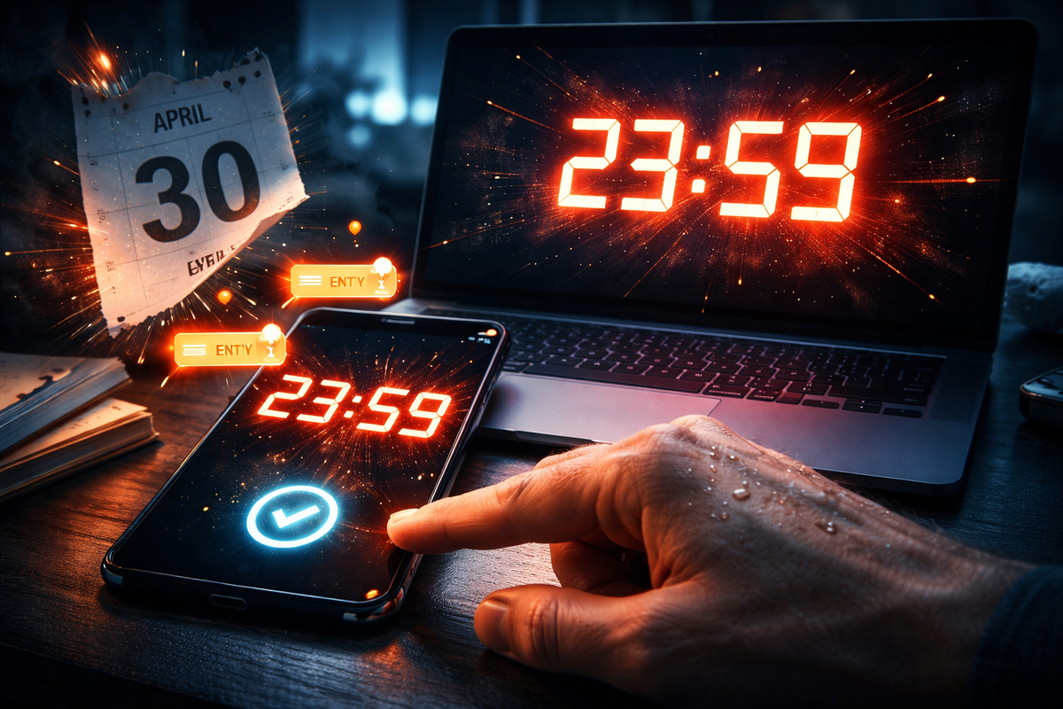 23:59 countdown blazing across phone and laptop—sweaty finger about to tap entry, sparks flying, stomach-drop urgency, last-second save energy