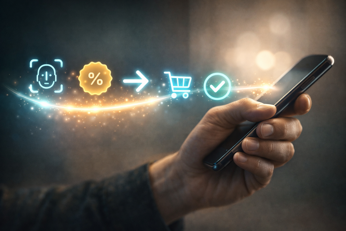 Glowing 5-step purchase flow floating from a phone—login → cashback rate → go-to-store → cart → success check, smooth control, zero-mistake confidence