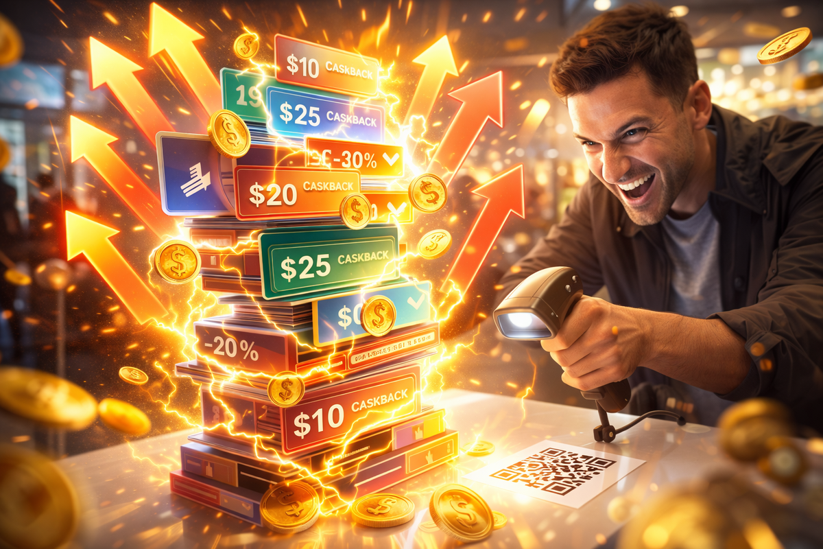 Cashback stacking madness at the counter—man screaming with victory while scanning a code, coupons piled high, lightning arrows surging upward, pure “hack the savings” adrenaline