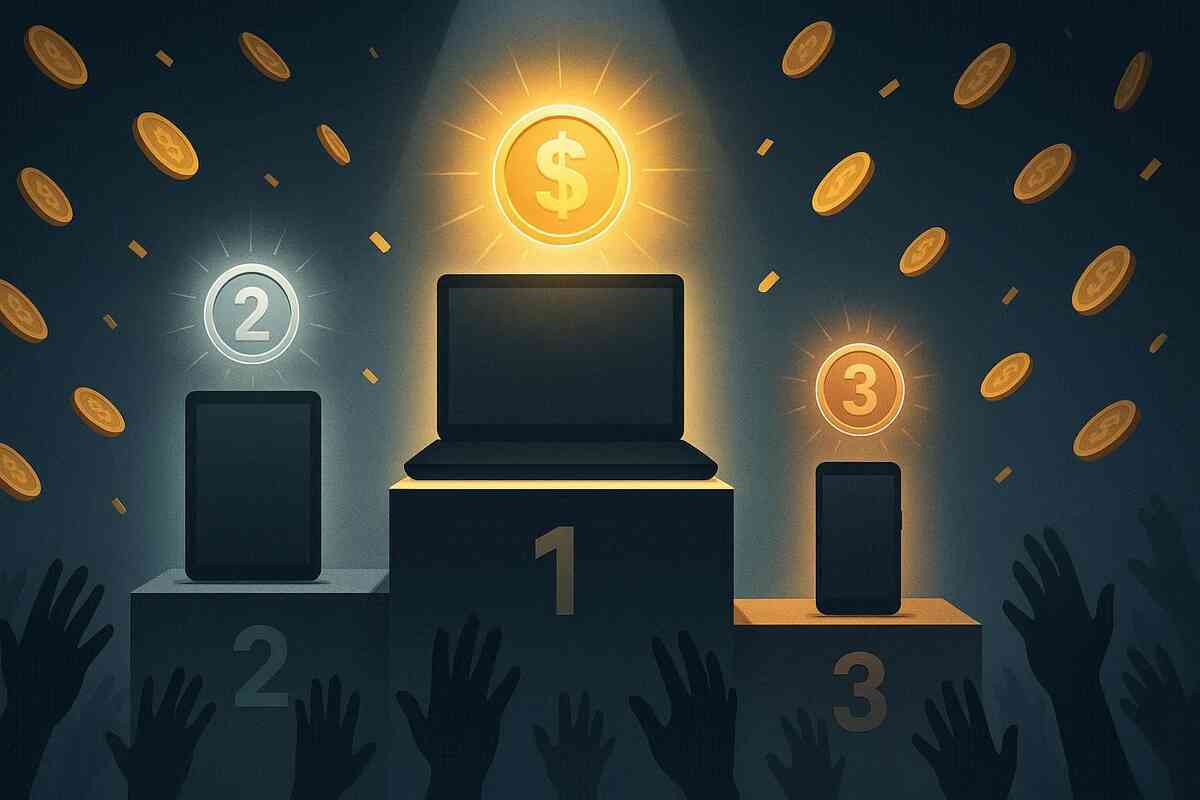 Deal ranking podium—laptop crowned #1, tablet #2, phone #3, coins raining down as hands reach up, winner-takes-all excitement, instant “pick the best” clarity
