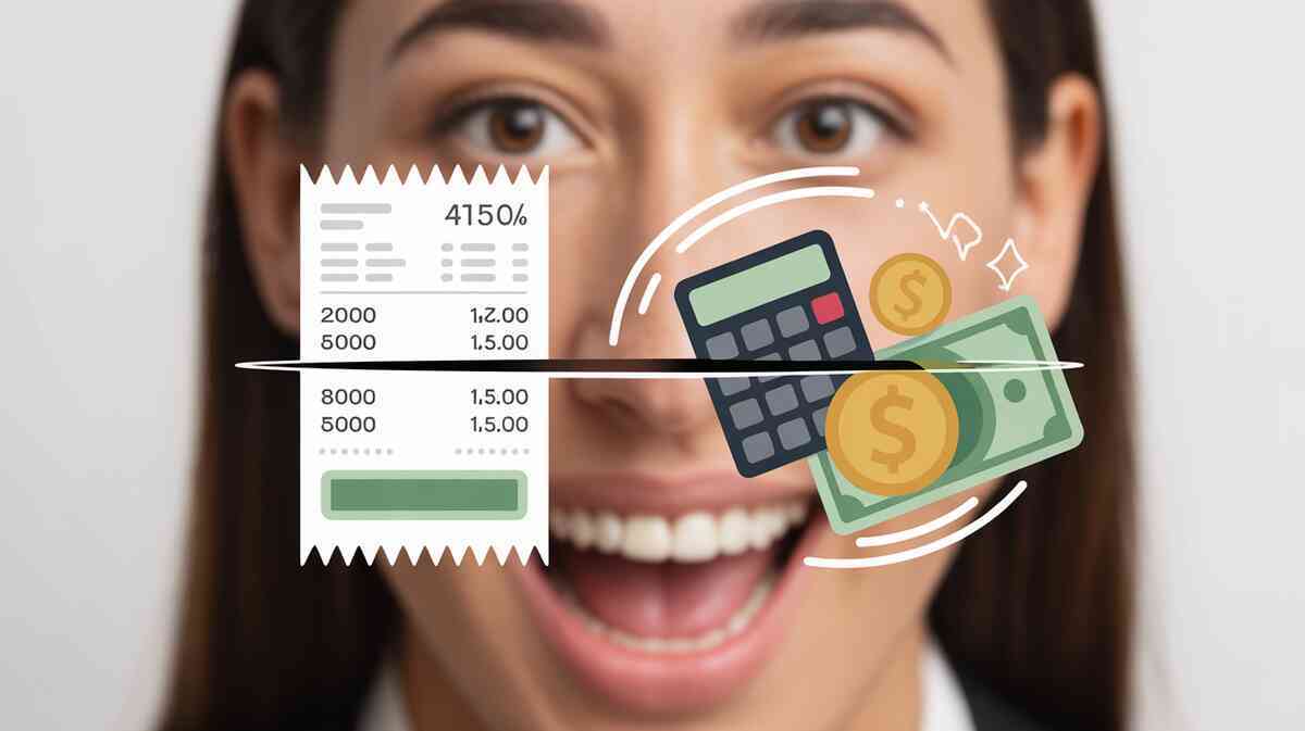 Joyful money-math payoff—smiling shopper with receipt and calculator icons, cash swirling like confetti, contagious “I just beat the price” euphoria