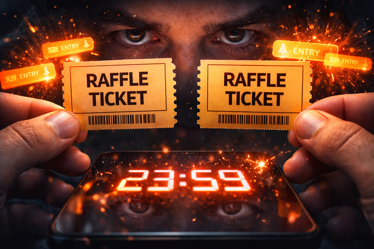Two raffle tickets held in trembling hands over a blazing 23:59 countdown—entry alerts exploding like sparks, heart-pounding “double my odds” desperation