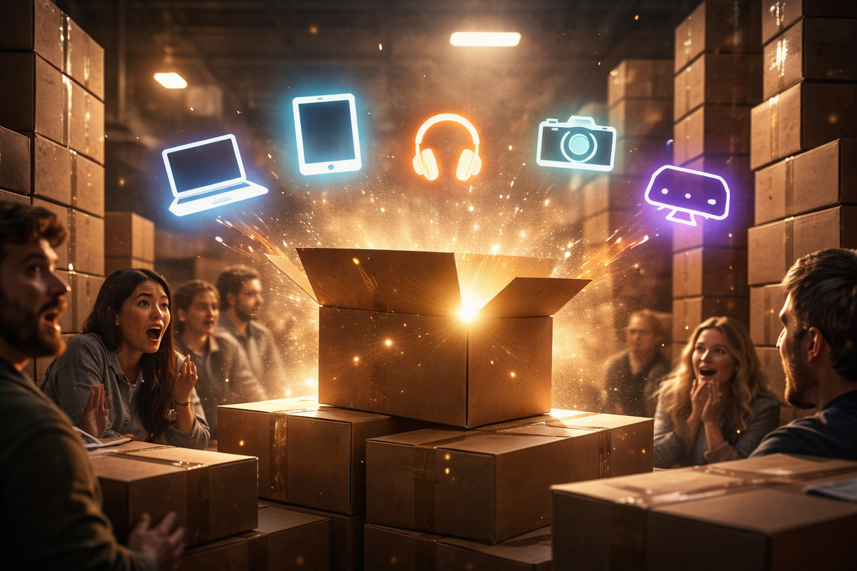 Warehouse of mystery lucky boxes bursting with golden light—floating gadget icons, shocked faces, jackpot vibes and uncontrollable “what’s inside?!” adrenaline