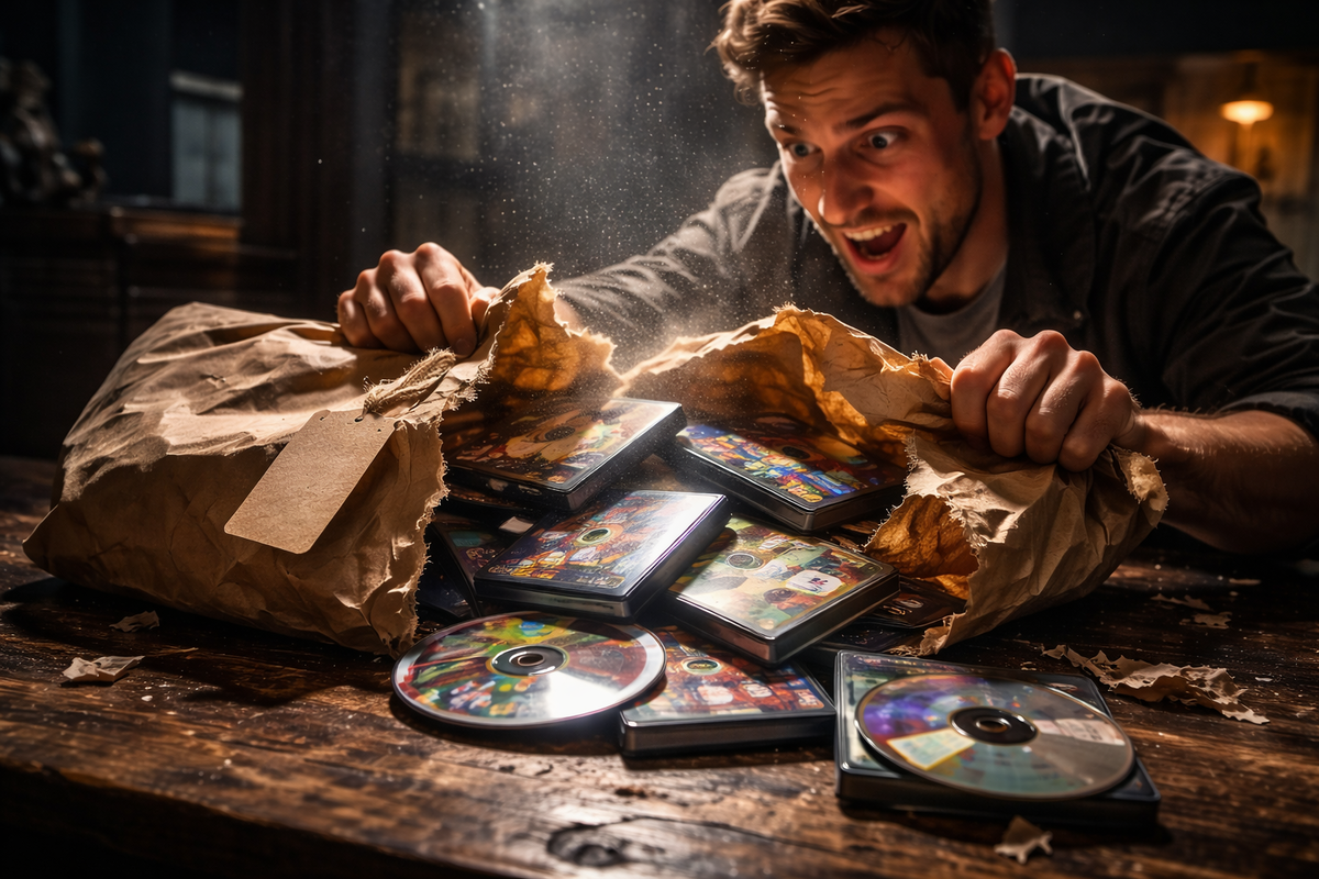 Used lucky-bag ripped open on a rough table—game cases and discs spilling out, dust in spotlight, wild gamble energy: dread → instant joy