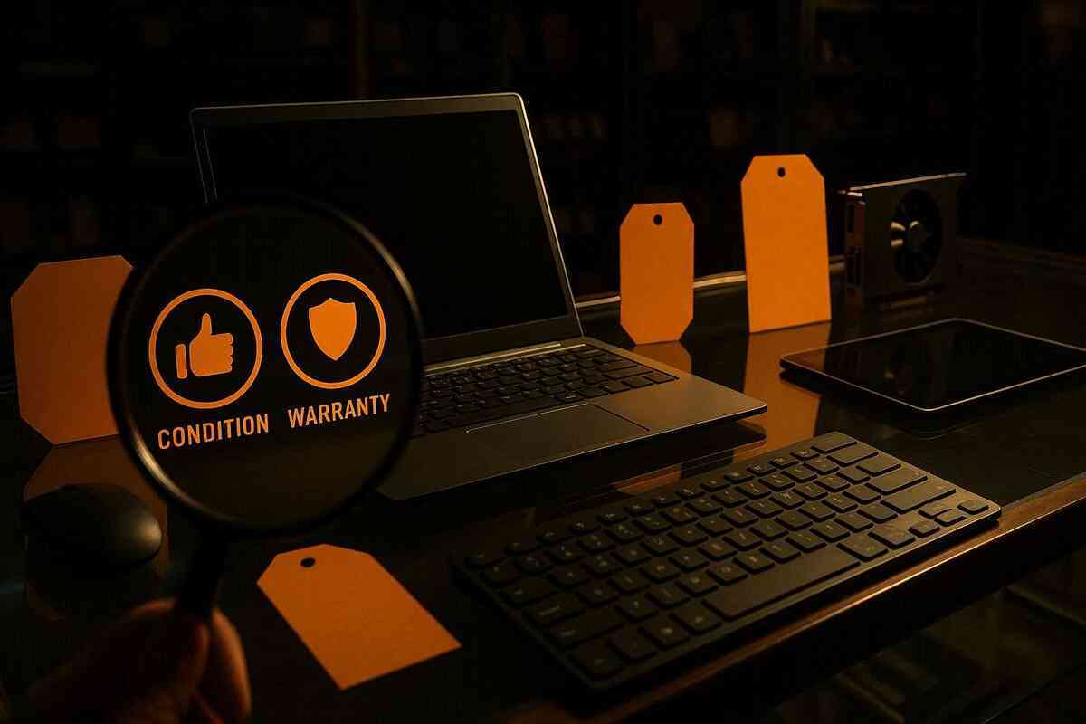 Refurb deal hunt under a magnifying glass—condition and warranty icons glowing by a laptop and gadgets, cautious excitement, “is this a steal?” suspense