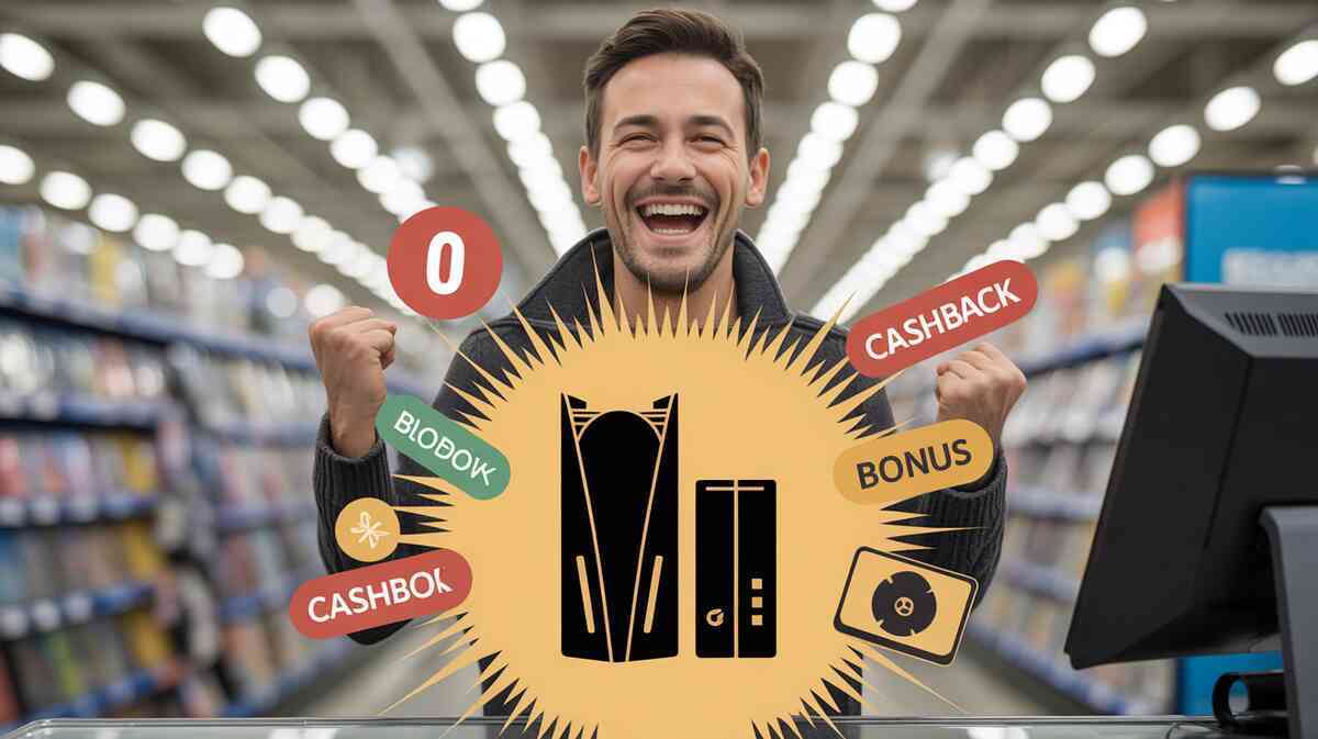 Checkout victory moment—shopper fist-pumping as bonus and cashback bursts explode around a game-console silhouette, loud triumph, contagious “I won the sale” euphoria