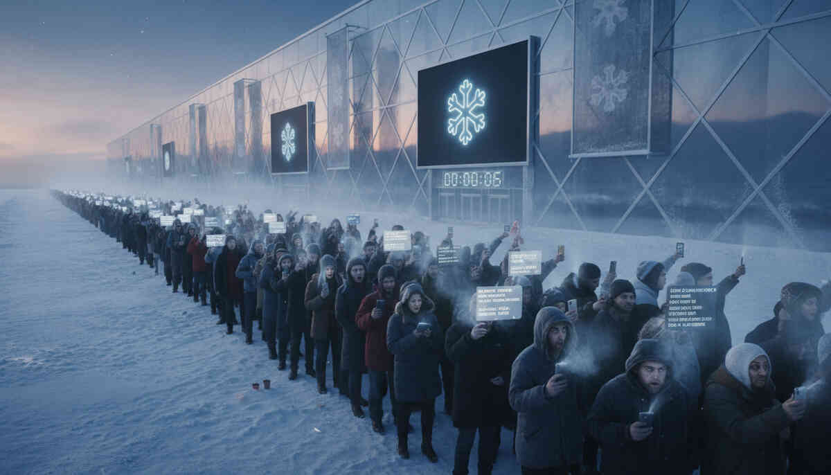 New Year’s rush energy—cold breath, long lines, and that electric “today’s the day” deal-hunt tension.
