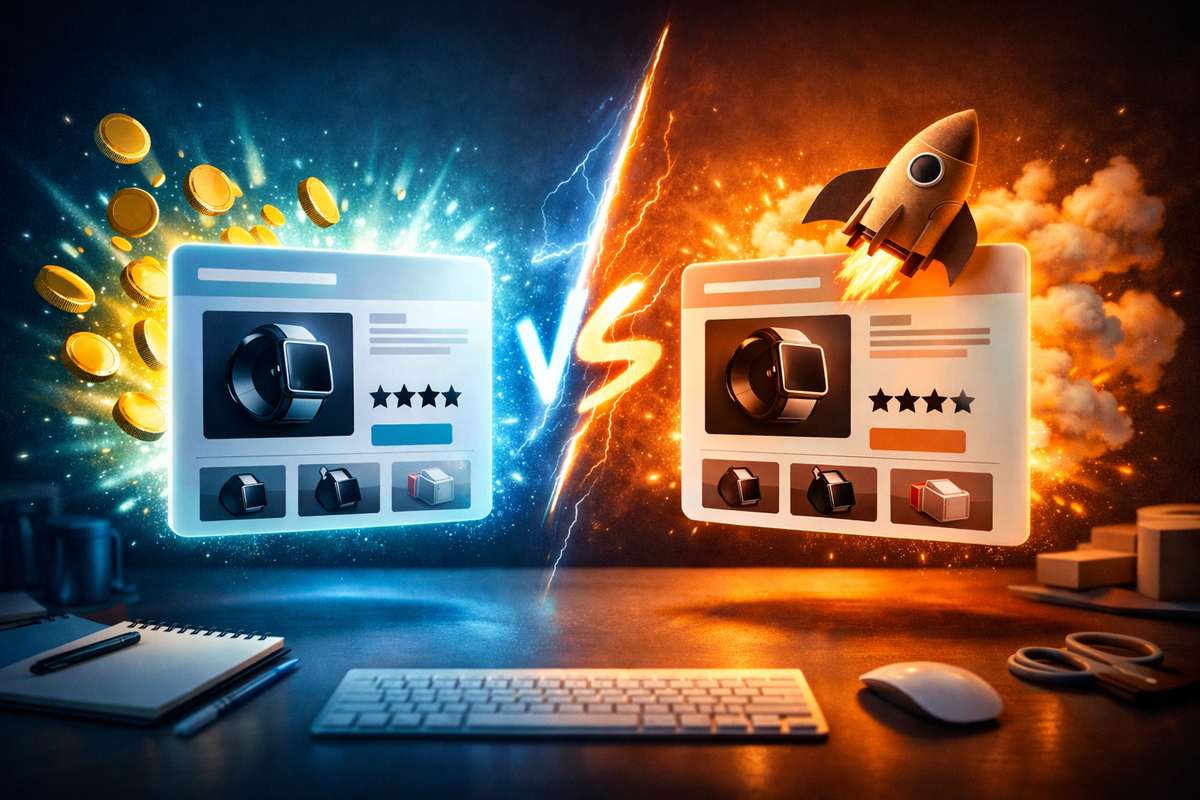 Brutal head-to-head showdown—two online store cards split by lightning “VS,” coins raining on one side, rocket-speed vibes on the other, decisive battle of value vs speed