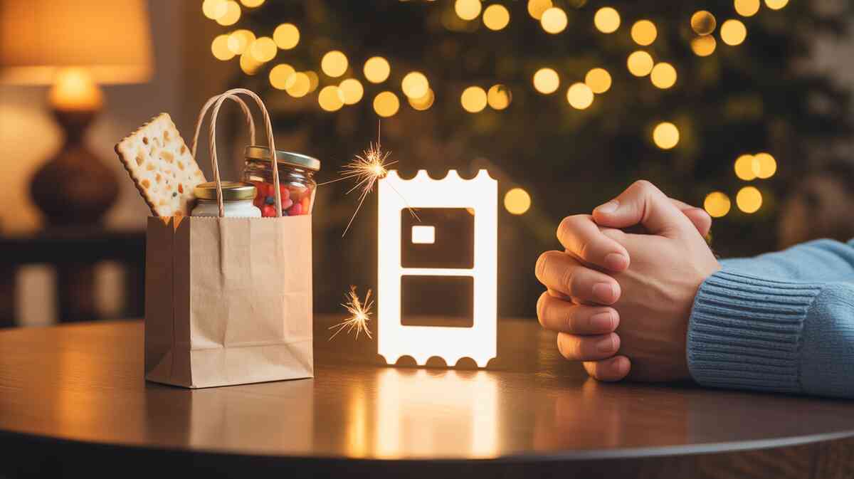 Cozy side-quest strategy—small gourmet lucky bag beside a glowing raffle ticket, hands clasped in hopeful suspense, warm holiday bokeh, sweet “low risk, jackpot dream” anticipation