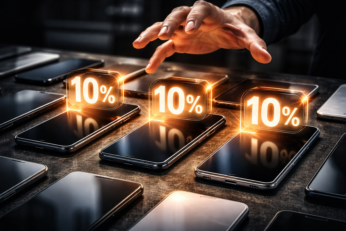10% OFF shockwave—rows of unbranded smartphones on a dark table, glowing discount badges hovering, a hand reaching with greedy hesitation, electric bargain-hunter adrenaline