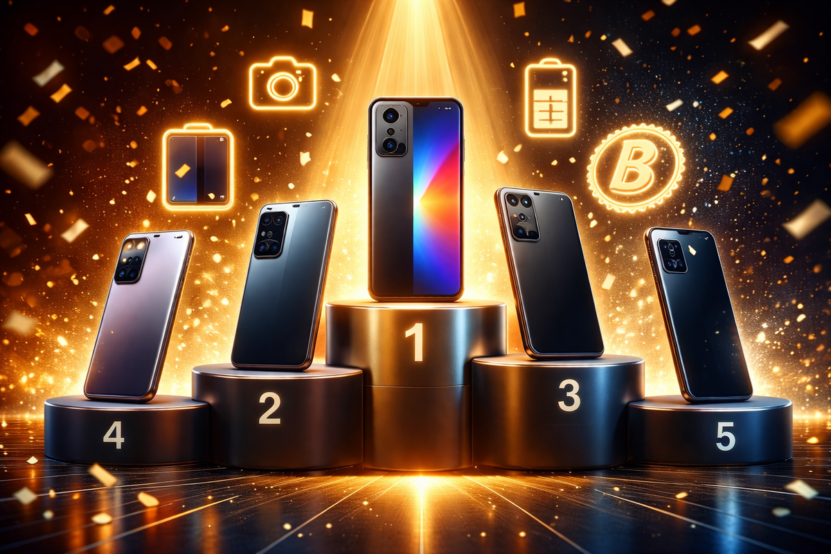 Top-5 winner podium—five sleek phones under a golden spotlight with camera/battery icons floating, confetti sparks raining down, instant “this is the best buy” hype and certainty