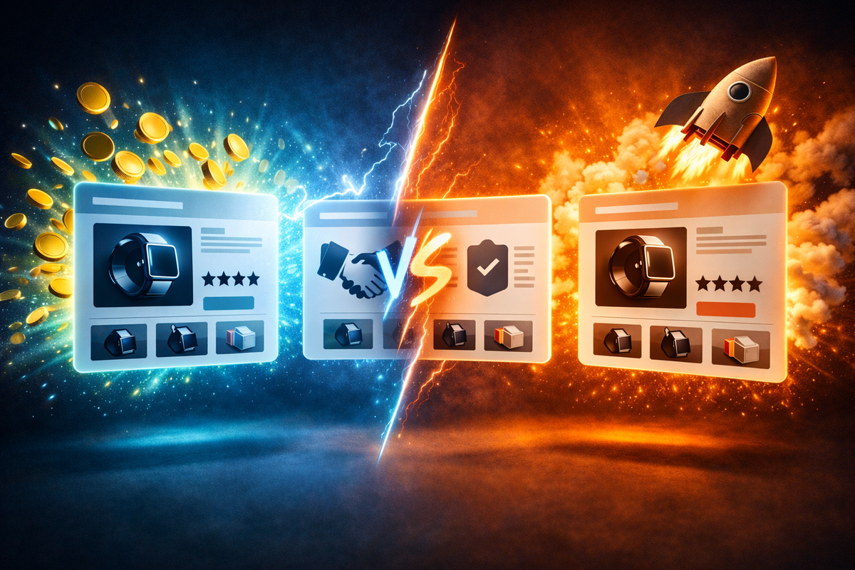 Brutal price-war faceoff—blue vs orange storefront cards split by lightning, coins bursting on one side and a rocket surge on the other, high-stakes “choose fast” tension