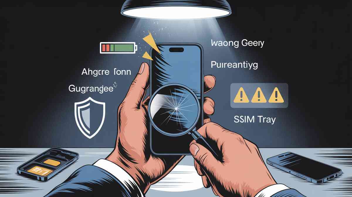 Ruthless used-phone inspection—magnifying glass over a cracked screen, low-battery bar, warning triangles and shield icon looming, intense “don’t get scammed” anxiety