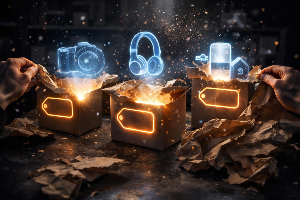 Mystery bag euphoria—hands ripping open glowing boxes as holographic camera, headphones, and smart-home icons burst out, golden sparks everywhere, dreamlike anticipation of hidden treasures