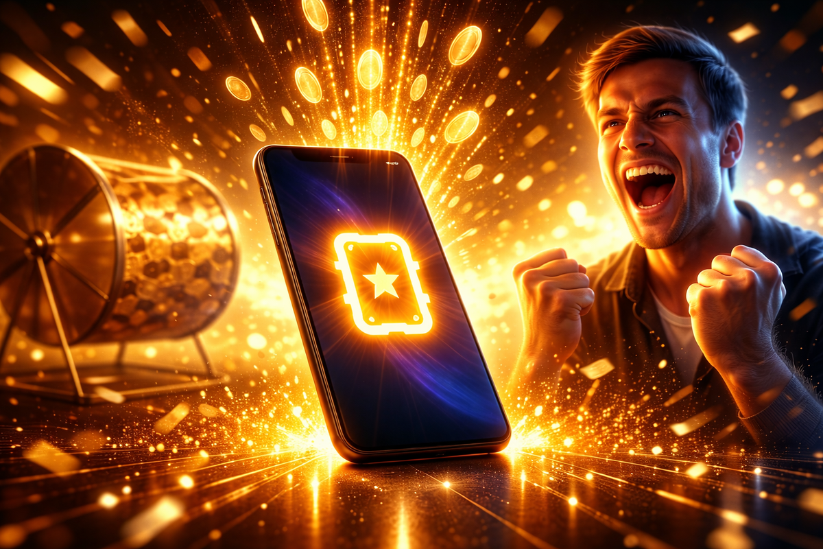 Golden lottery ecstasy—smartphone glowing with a star ticket symbol, coins bursting into light, man screaming with joy beside a raffle drum, wild jackpot celebration energy