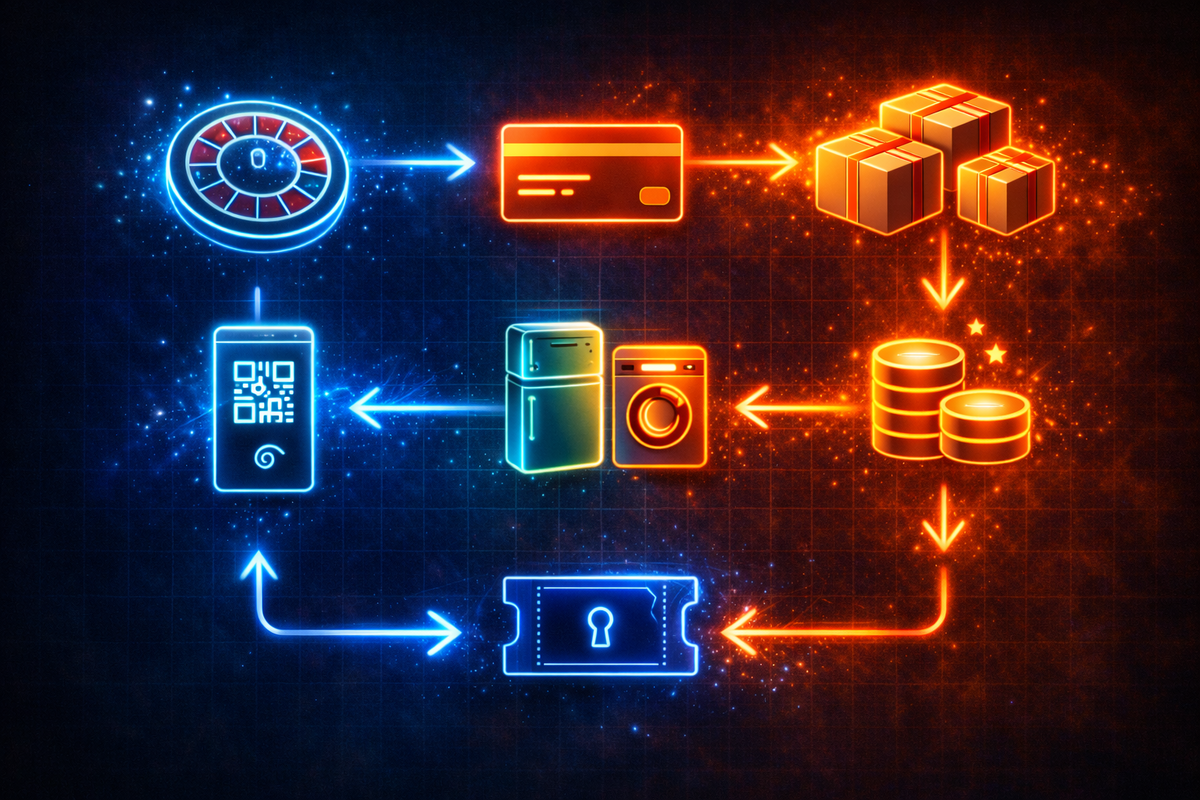 Neon reward loop—QR code, roulette, card, appliances, coins, ticket icons glowing blue-orange on a dark grid, visualizing unstoppable cashback and point-cycle hacks