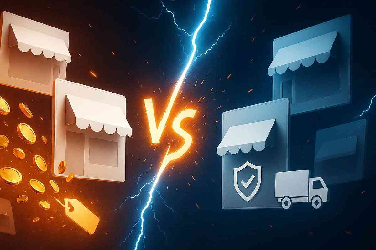 Epic price war—orange vs blue storefronts split by lightning, coins flying and delivery trucks charging forward, fierce “which retailer wins” showdown atmosphere