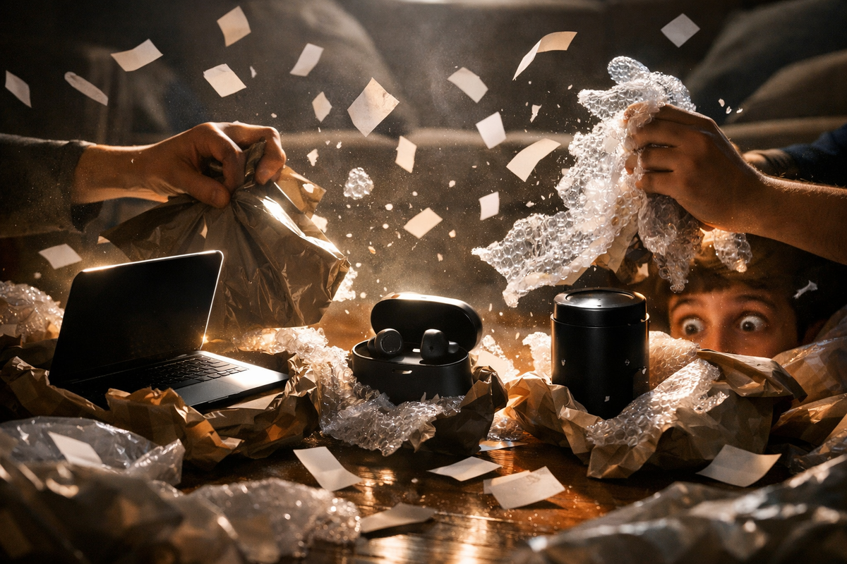 Explosive lucky-bag unboxing chaos—bubble wrap flying, mystery gadgets revealed, wide-eyed shock and giddy disbelief—instant jackpot vibes and adrenaline