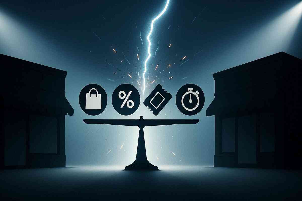 Retailer showdown on a dramatic balance scale—shopping bag, % discount, ticket, stopwatch icons under lightning—high-stakes “choose now” decision tension