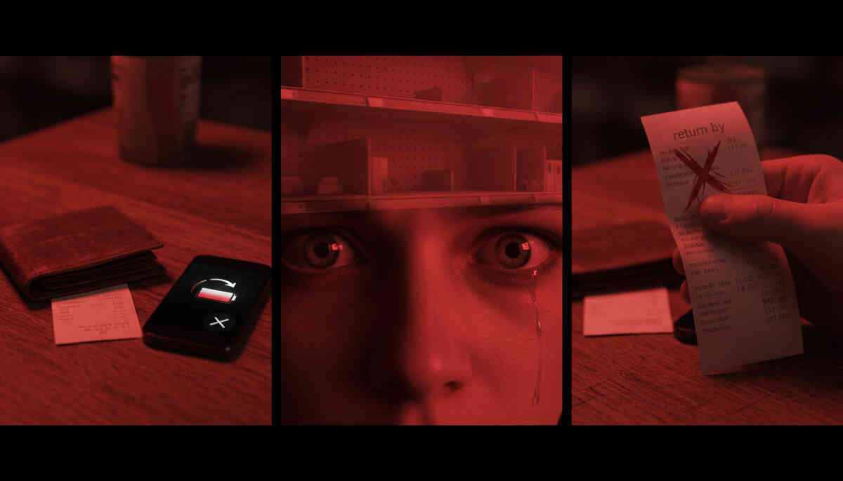 Red-hot regret montage—return denied, receipt crossed out, tearful eyes and sinking panic—raw “I messed up” dread that screams read-before-you-buy