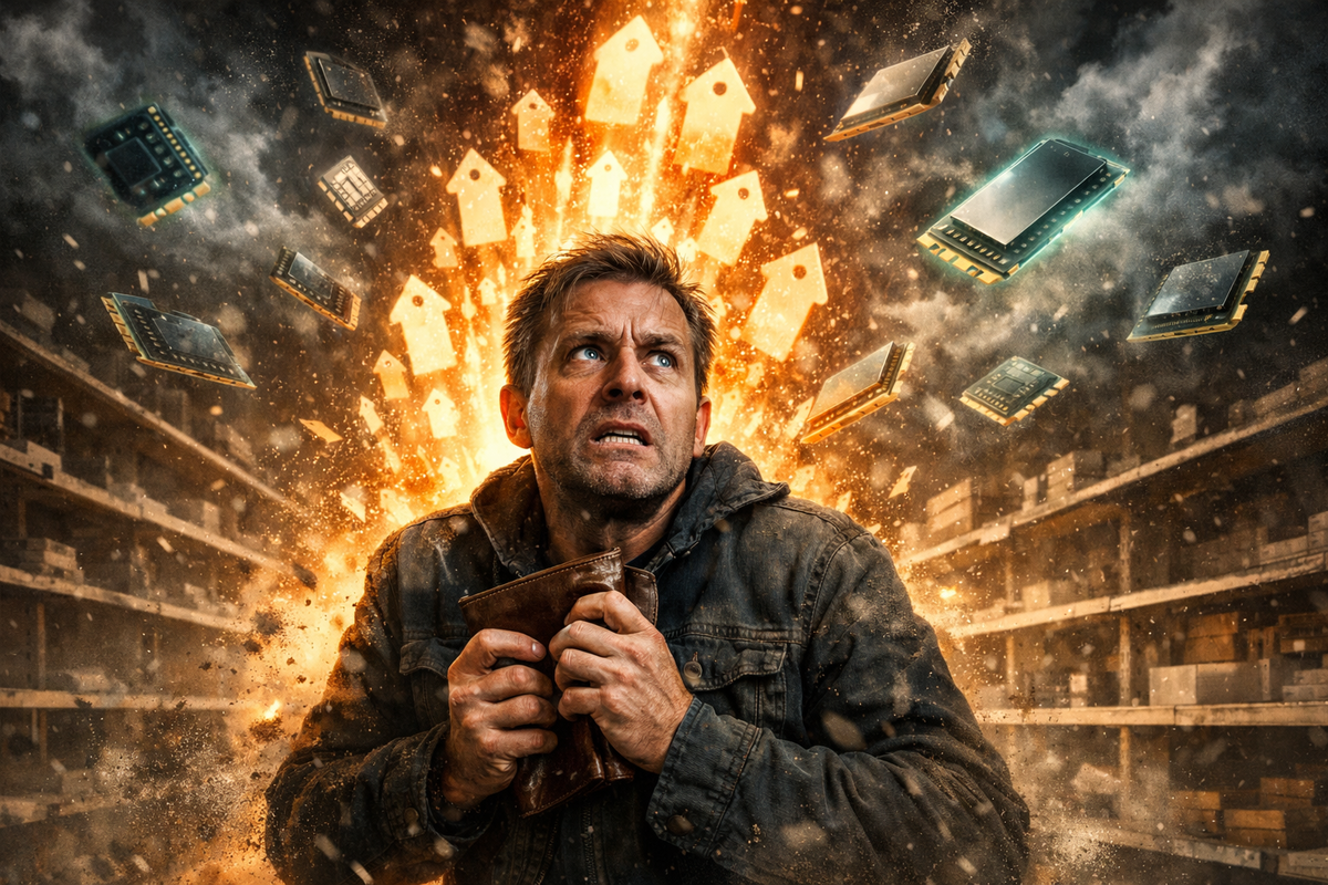 Terrified shopper clutching a wallet as price tags explode and memory chips fly—hardware price shock, scarcity panic, last-chance adrenaline, gut-level “buy now or regret it” fear
