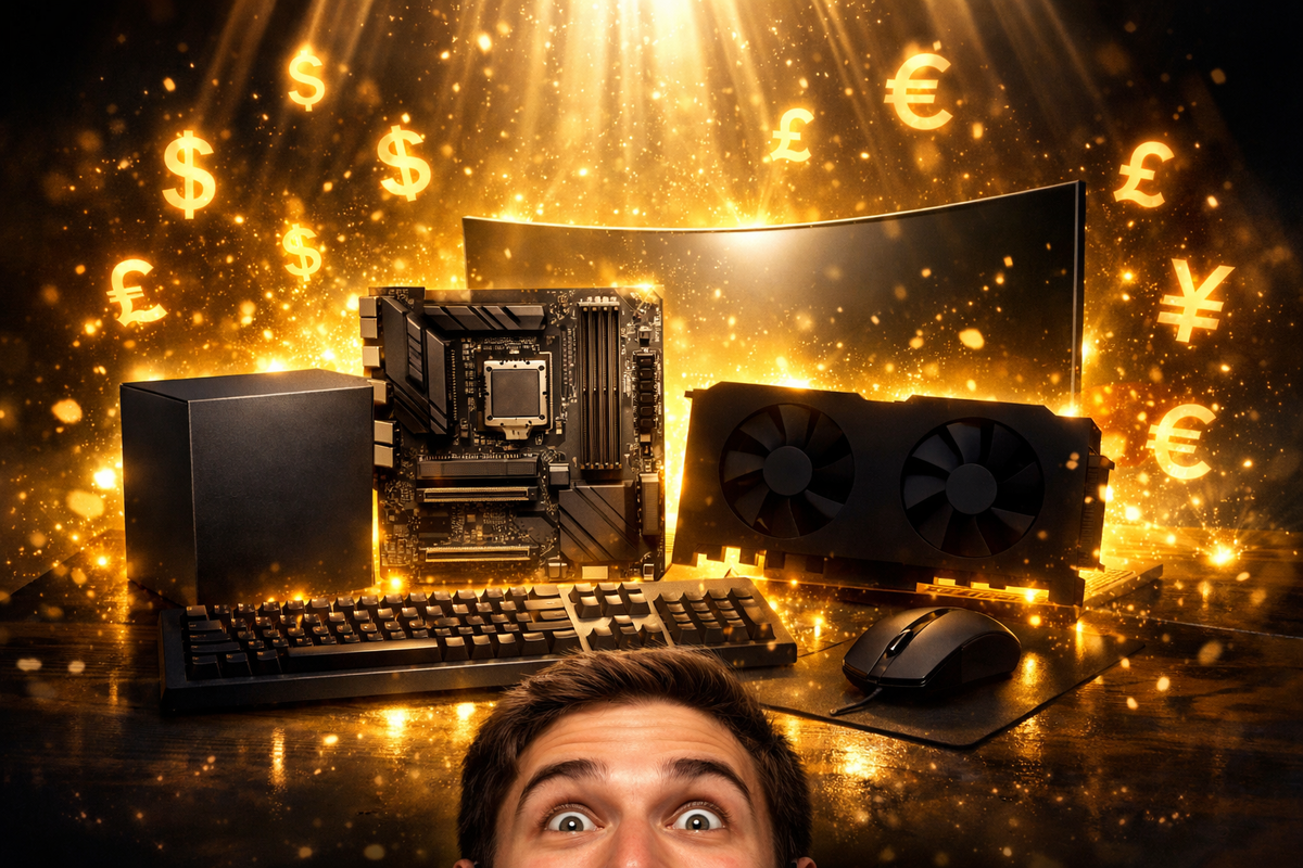 Golden jackpot spread of unbranded PC parts—motherboard, graphics card silhouette, monitor and peripherals—money symbols raining down, euphoric deal-hunt glow, “insane value” thrill