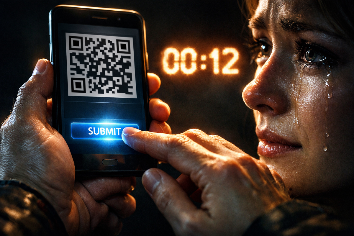 Tear-streaked face staring at a phone, finger hitting SUBMIT under a brutal countdown—raffle-entry pressure, heart-racing hope, trembling urgency, one-tap destiny moment