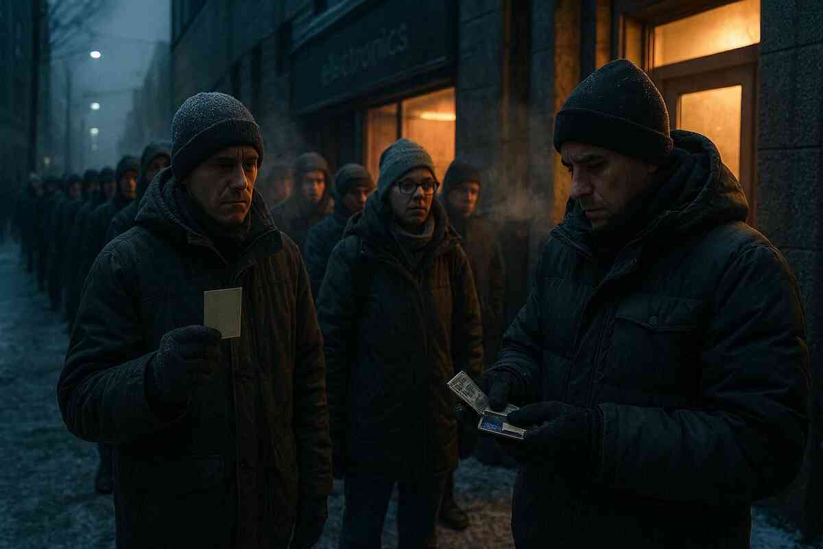 Frozen dawn line outside a Japan electronics storefront—breath in the air, ticket and ID in gloved hands, grim determination, survival-mode patience, “first or nothing” tension