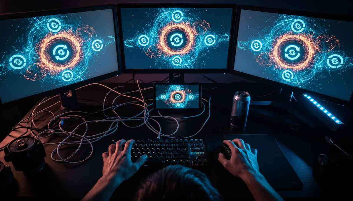 Three-monitor click-war battlestation with looping refresh icons—hands locked on keyboard and mouse, tangled cables, pulse-pounding midnight rush, ruthless speed, win-or-lose focus