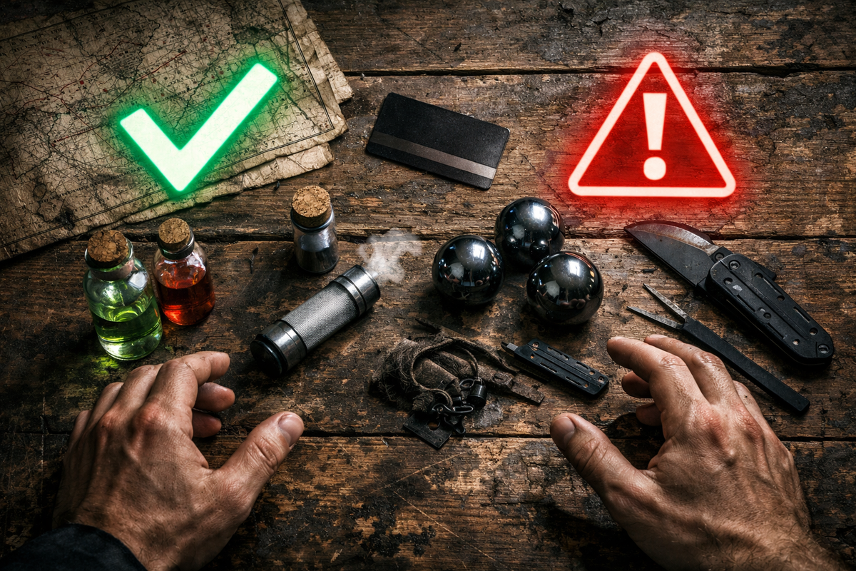 Rugged tabletop survival-style prep kit—map, vials, gadgets, and ominous warning glow—tense pre-battle readiness, gritty do-or-die energy, zero room for mistakes