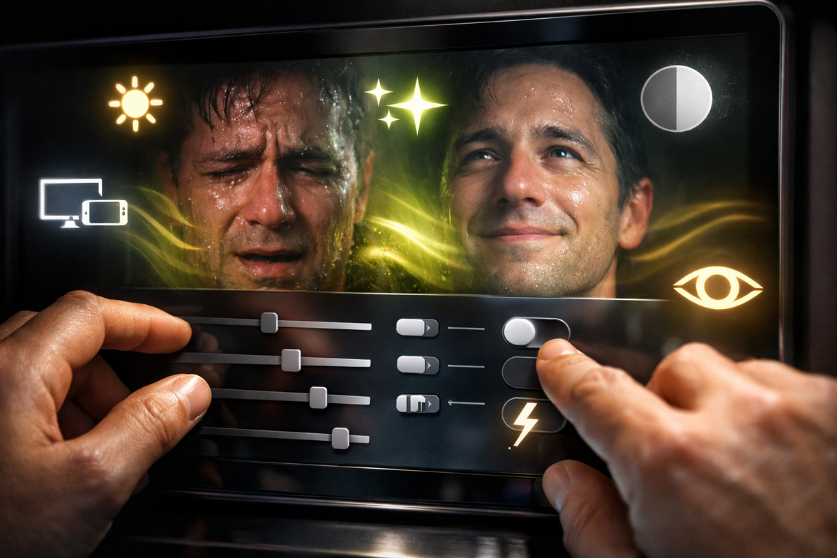 Hands tweaking sleek brightness/HDR-style sliders on a futuristic settings screen—one face grimacing in dizzy pain, the other glowing with relief—instant “before/after” salvation vibe