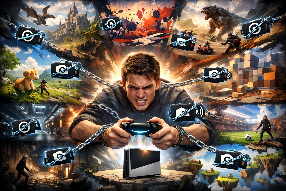 Furious player white-knuckling a controller as chaotic game worlds collide around him—chained lock icons snapping the fun in half—overload, frustration, and desperate need for smoother settings