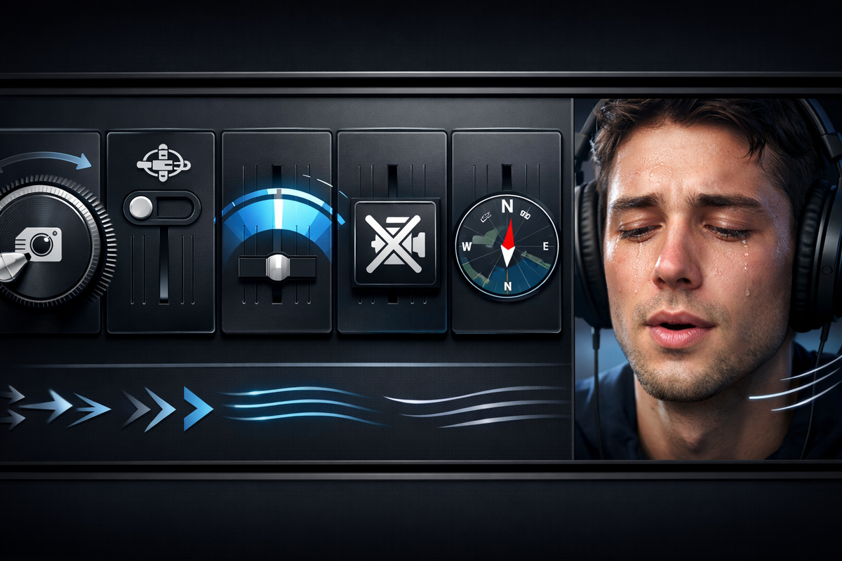 Cinematic control panel of camera/gyro/FOV/shake toggles beside a tearful headset gamer—raw overwhelmed expression, then calm focus—high-stakes “one tweak changes everything” intensity