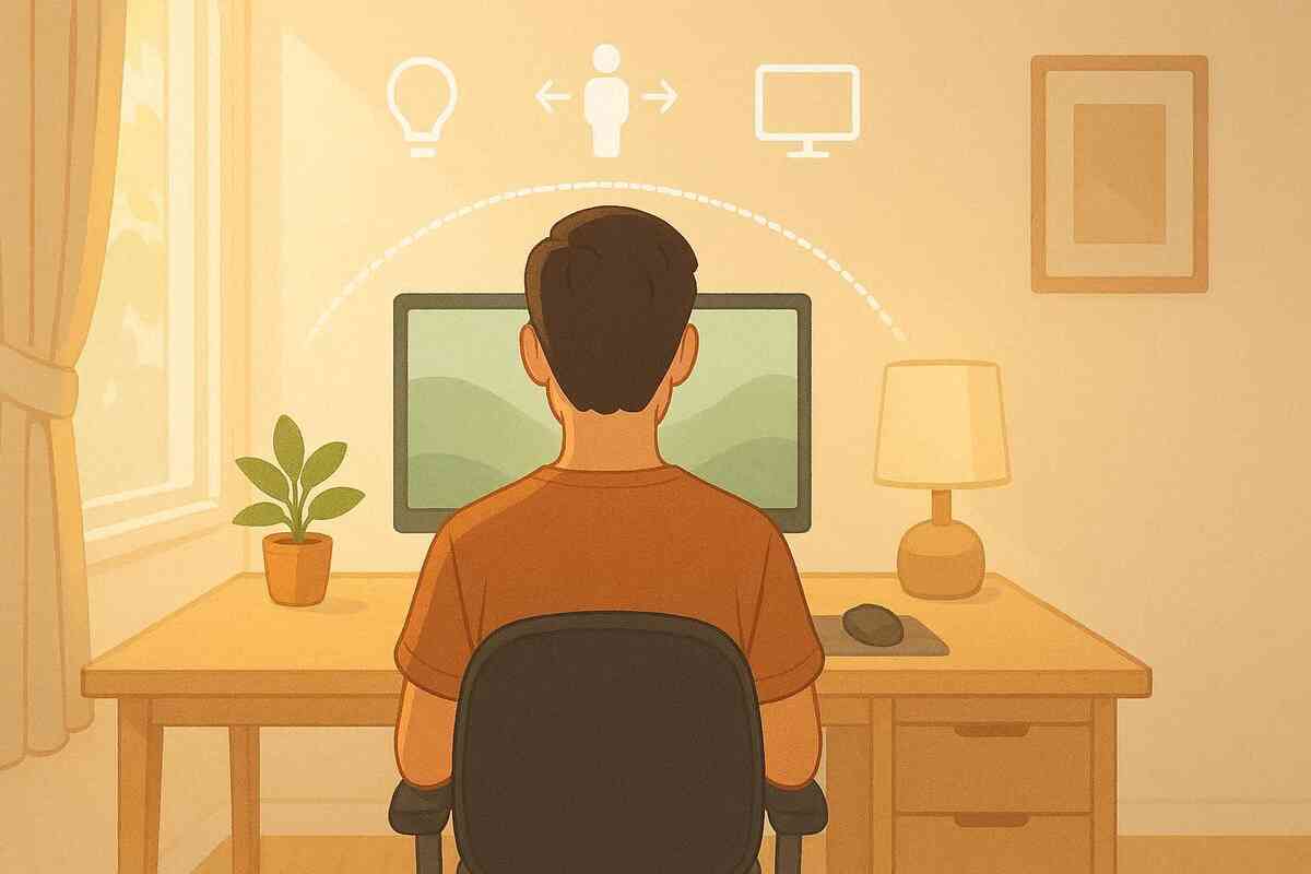 Soft illustrated cozy desk setup with warm daylight, lamp glow, and calm posture cues—gentle “safe gaming space” mood that whispers comfort, stability, and motion-sickness prevention
