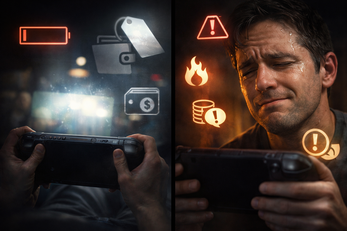 Brutal split-screen reality check: low-battery panic and wallet pain on one side, sweaty regret face with warning icons on the other—raw “did I just overpay?” anxiety