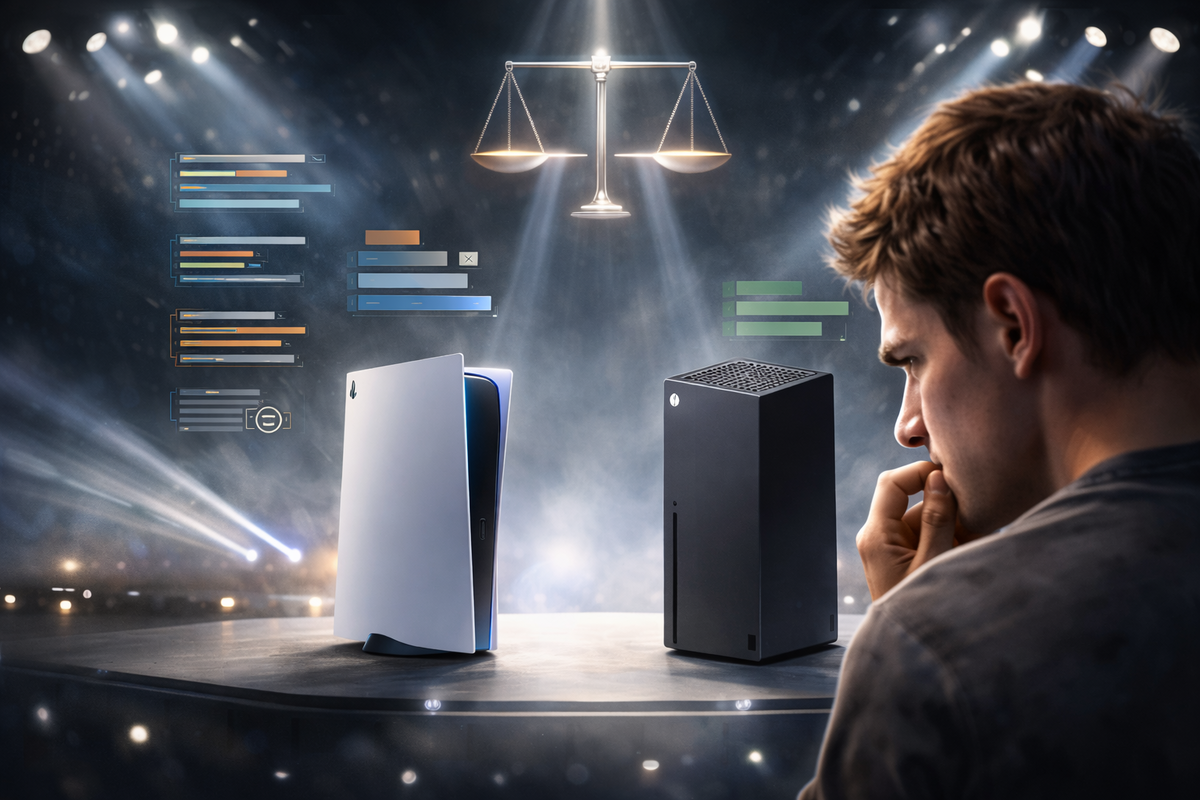 Two rival consoles on a spotlight stage under glowing balance scales—tense buyer biting his knuckle as stat bars hover—high-stakes “which one wins my money?” pressure