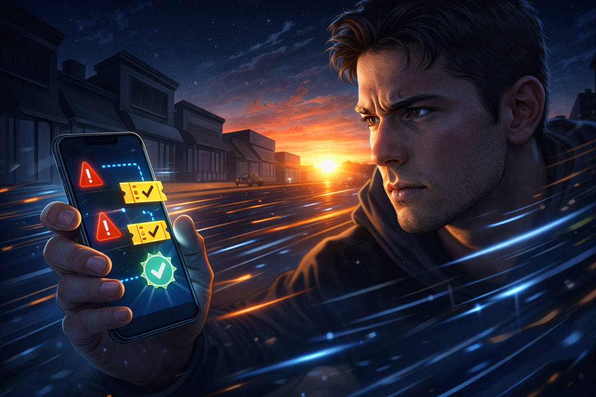 Restock hunter at sunset gripping a phone with alert tickets and verification checkmarks—laser-focused stare, heart-racing urgency, “MSRP or nothing” determination