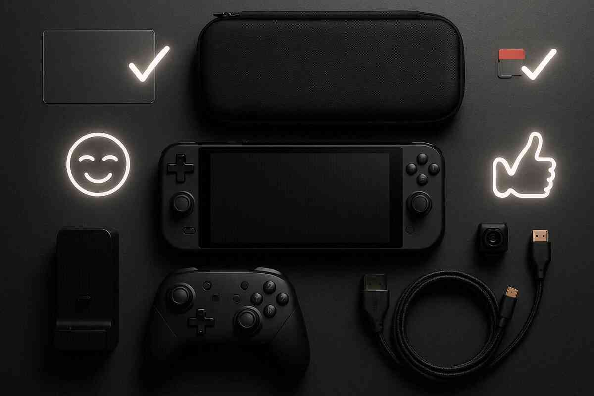 Premium flat-lay starter kit: generic handheld, case, controller, cable, stand, camera, power bank, and memory card—big checkmarks and thumbs-up glow, instant relief and readiness