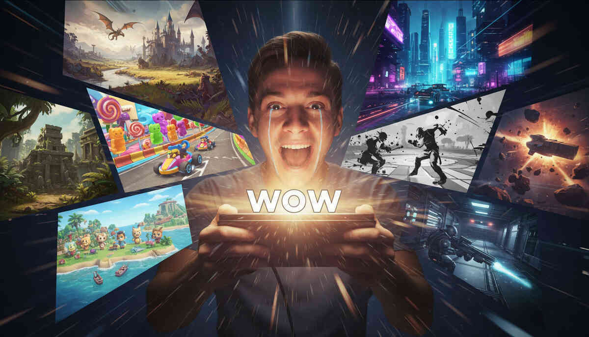 Explosive eight-world game montage around a screaming “WOW” gamer—fantasy, racing, cozy island, neon city, sci-fi firefight—pure dopamine overload and childlike awe
