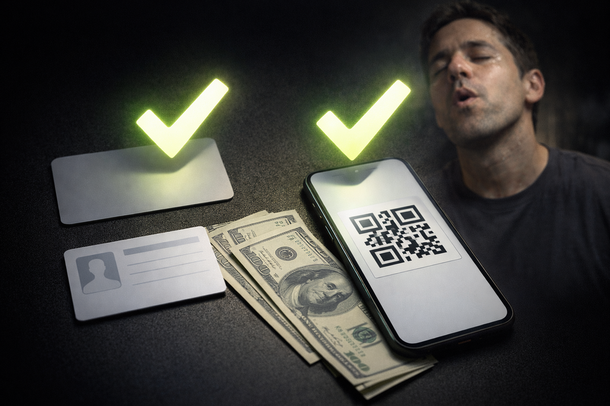 Two-item purchase proof on a dark desk—blank point card + ID, cash, and a QR-pay phone with giant green checkmarks—deep exhale relief, “no credit card needed” victory calm