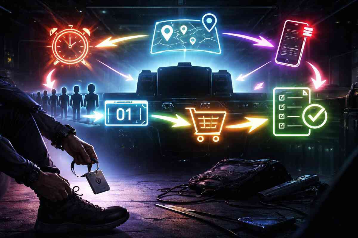 Retail-price battle plan montage—alarm clock, city map pins, ticket number, cart, and checklist icons blasting around a console silhouette—fierce determination, pre-dawn grind, win-or-go-home urgency