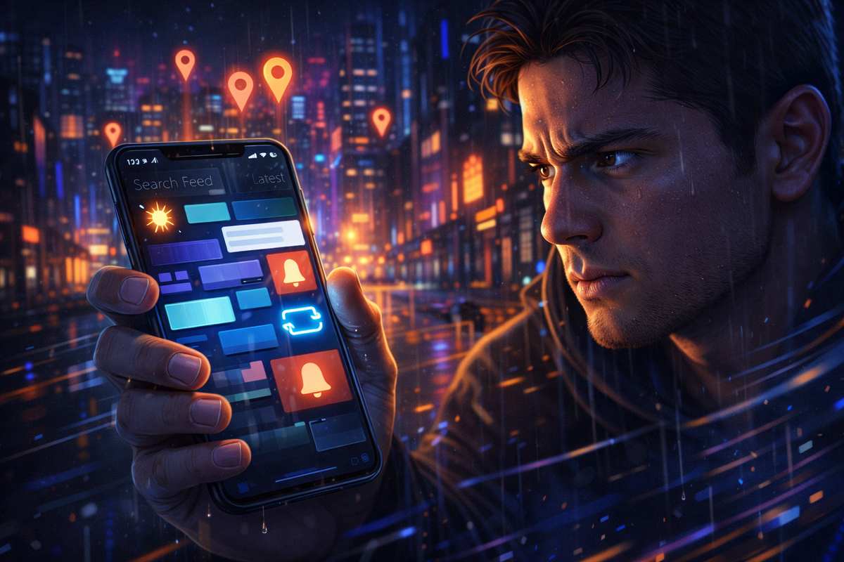 Rainy neon city stock hunt—phone “latest feed” blocks, refresh arrows, ringing alert bells, and glowing location pins—laser-focus obsession, adrenaline scrolling, “find it before it’s gone” tension