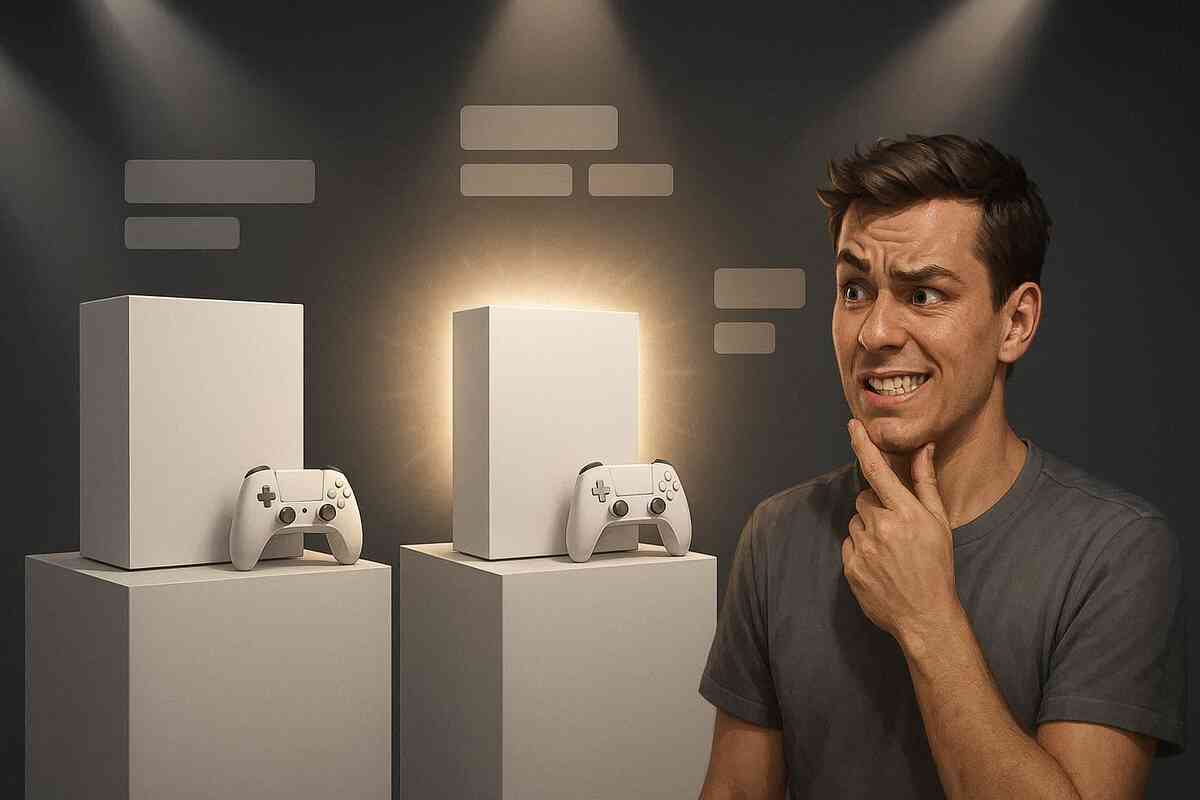 Two unbranded consoles on podiums under spotlights with floating stat bars—buyer sweating and second-guessing hard—high-stakes choice anxiety, “don’t waste your money” pressure