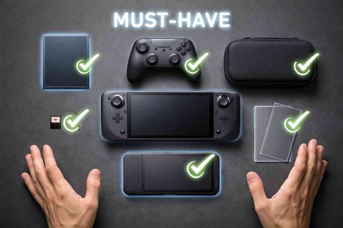 Must-have starter kit flat-lay—generic handheld, controller, case, screen protector, storage card, and cable stamped with glowing checkmarks—instant readiness, clean confidence, zero-regret setup satisfaction