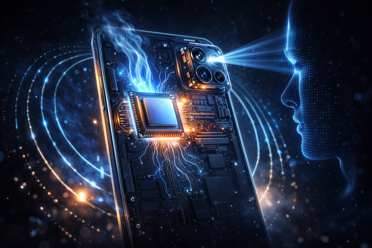 Macro cutaway of a phone’s blazing AI chip and camera module firing light toward a digital face—Tensor-level power surge, futuristic awe, “this is next-gen” adrenaline