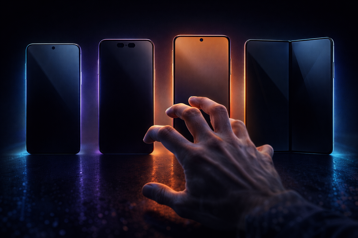 Four Pixel 11 silhouettes including a foldable, hand hovering in hesitation—choice paralysis, desire vs doubt, the dramatic “which model is my forever phone?” vibe