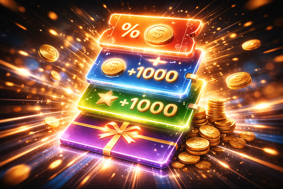 Exploding stack of bonus-reward cards and flying coins—percent badge on top, points raining like a jackpot, wild “I can’t miss this” rush, greedy sparkle energy