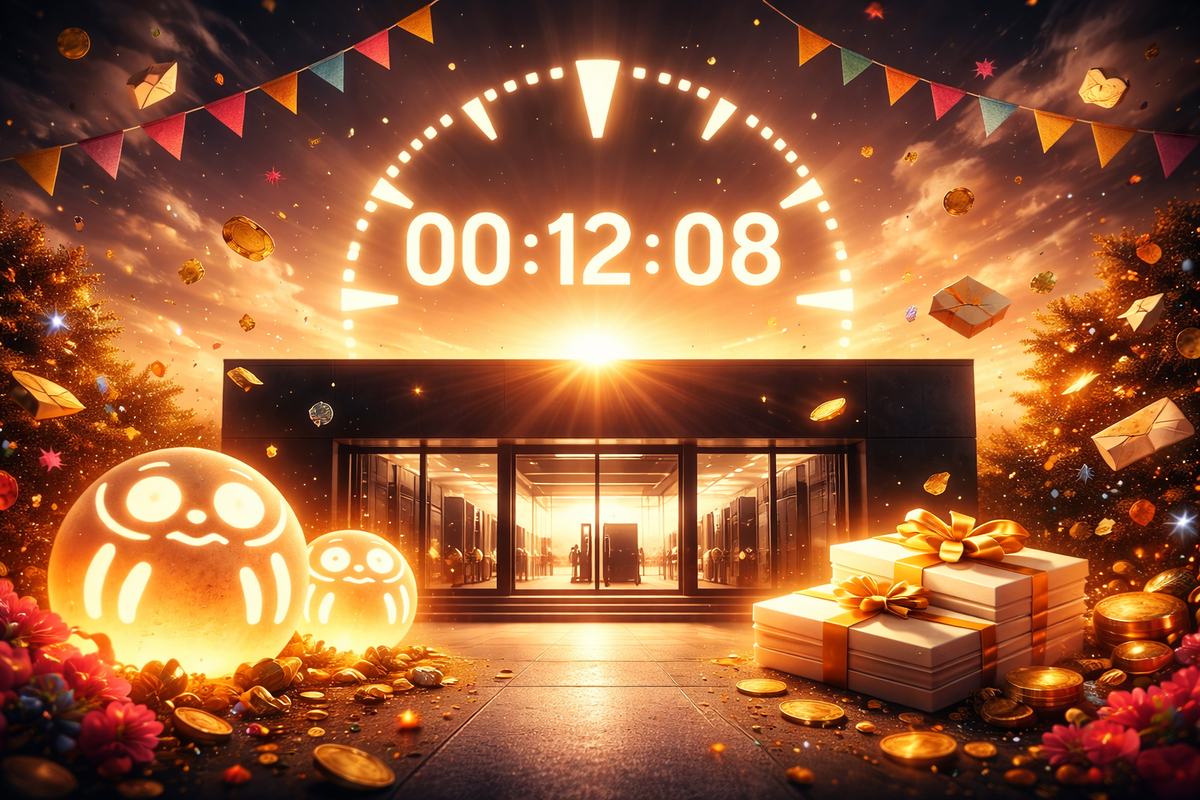 Golden sunrise countdown over a glass storefront—confetti, lucky charm dolls, gift boxes and scattered coins, last-minute sprint vibes, heart-thumping “final call” excitement